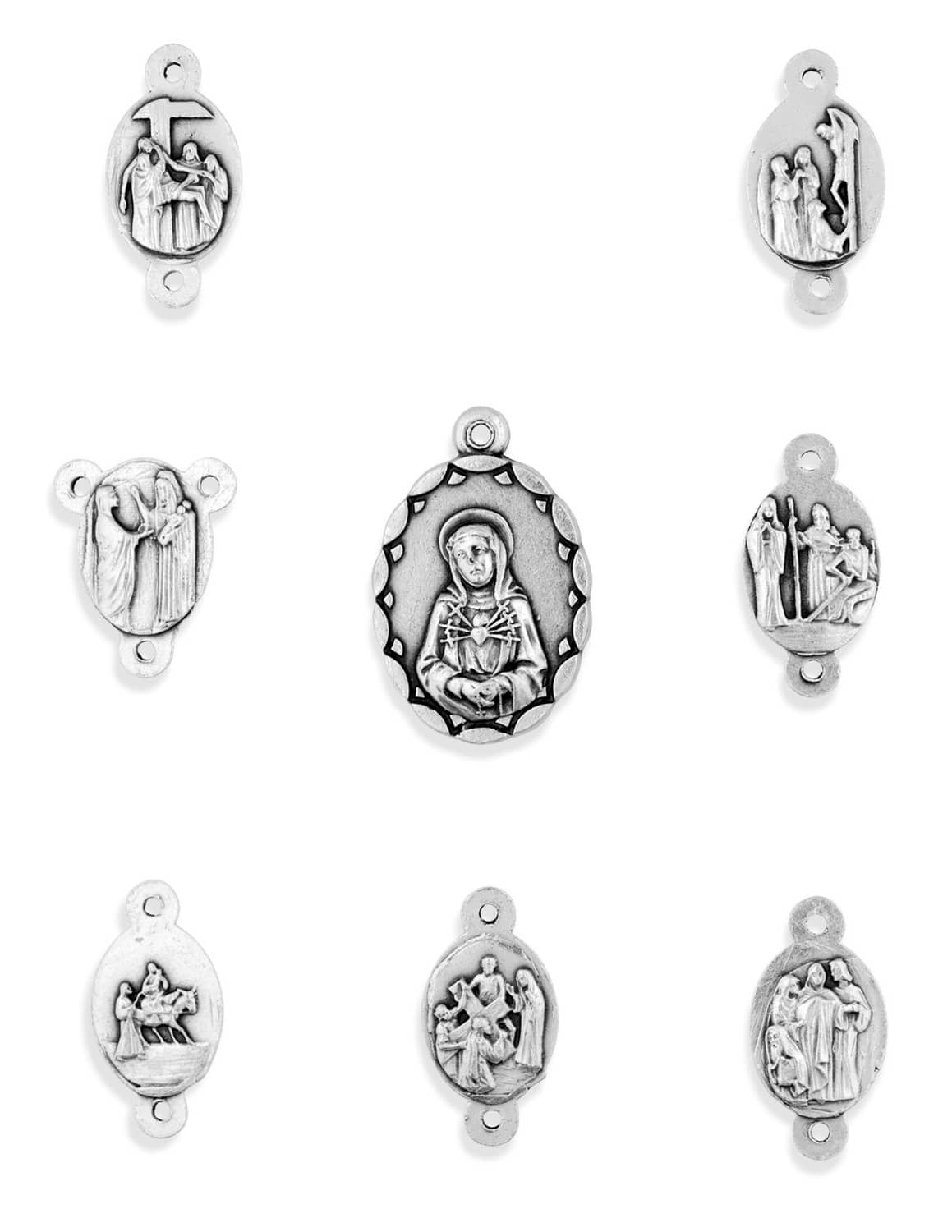 Seven Sorrows rosary medal set with 8 oval metal charms, engraved saint figures