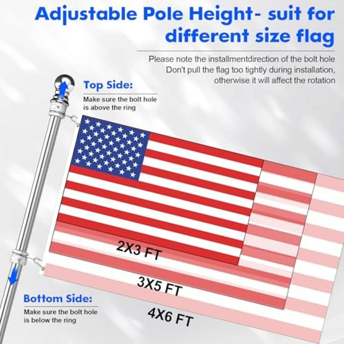 Adjustable stainless steel flag pole with U.S. flag hanging from the top rings