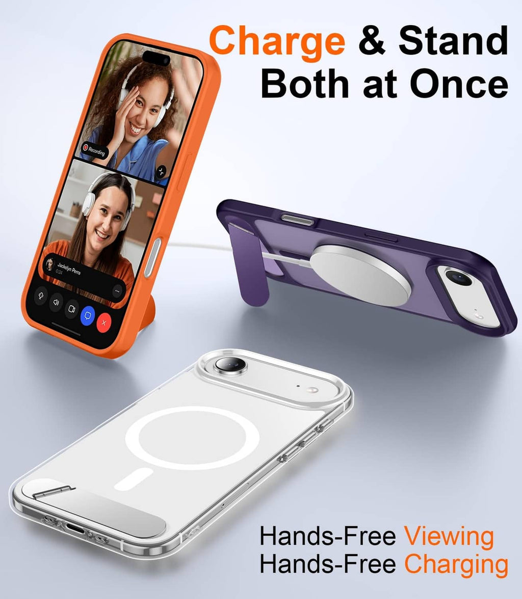 Clear phone case with kickstand, phone shown with side protection and viewing support