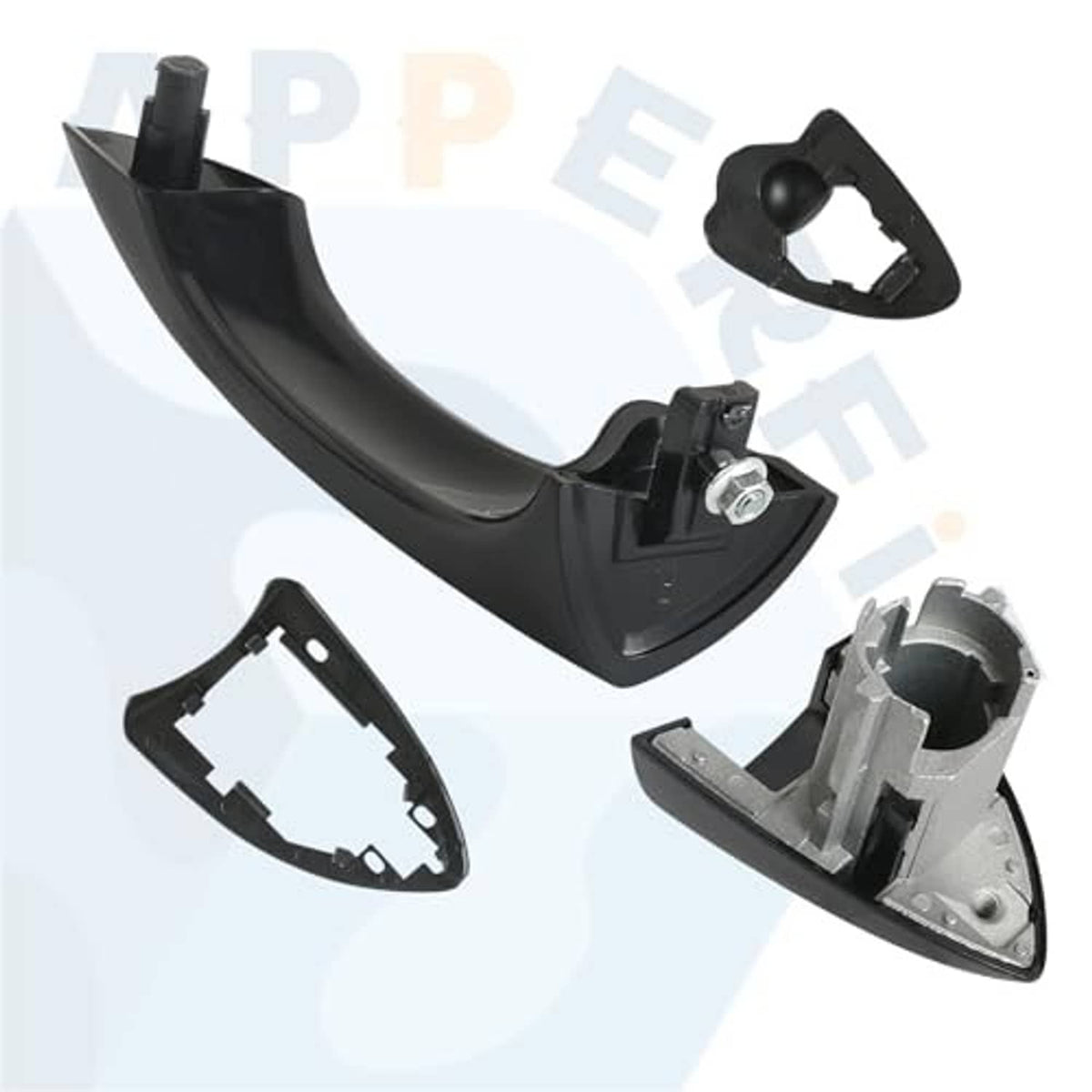 Textured black passenger-side door handle assembly with backing plate and trim covers