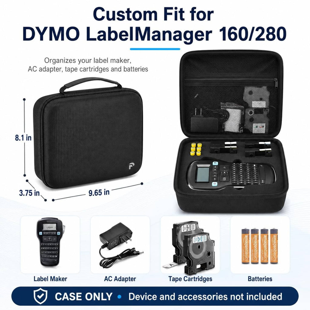 Black zippered label maker case open with organizer tray and accessory compartments