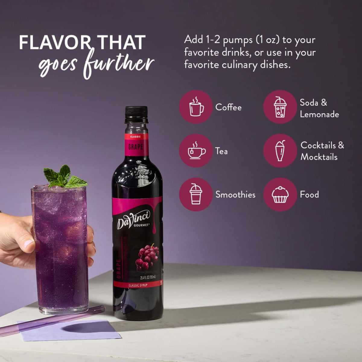 Grape syrup bottle with hand holding a purple mixed drink