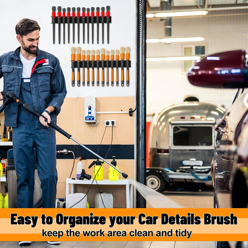 Car detailing brush wall rack with multiple brushes stored upright