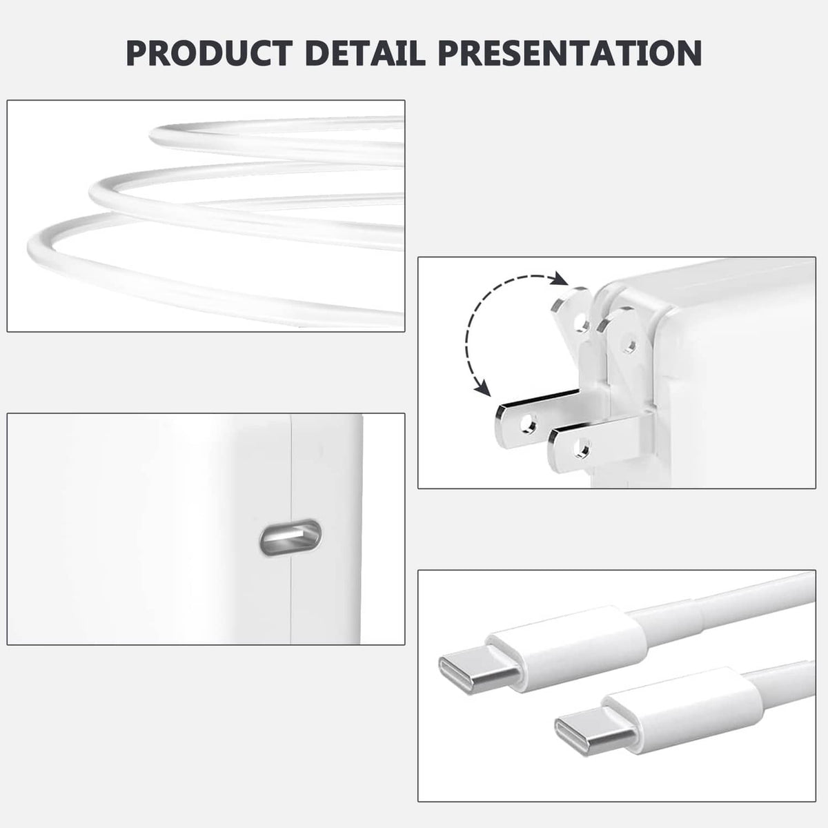 White USB-C power adapter with detachable plug prongs and USB-C cable