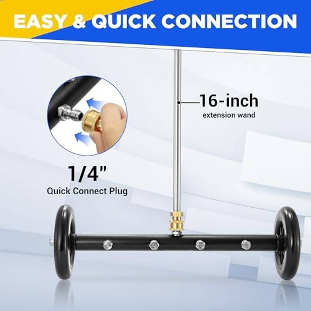 Undercarriage cleaner with quick connect plug on 16-inch extension wand and wheel frame