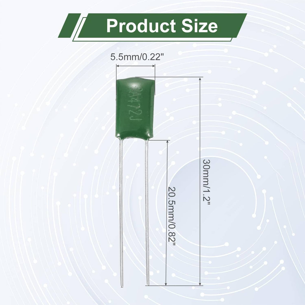 Green film capacitor with silver leads and marked body, size diagram