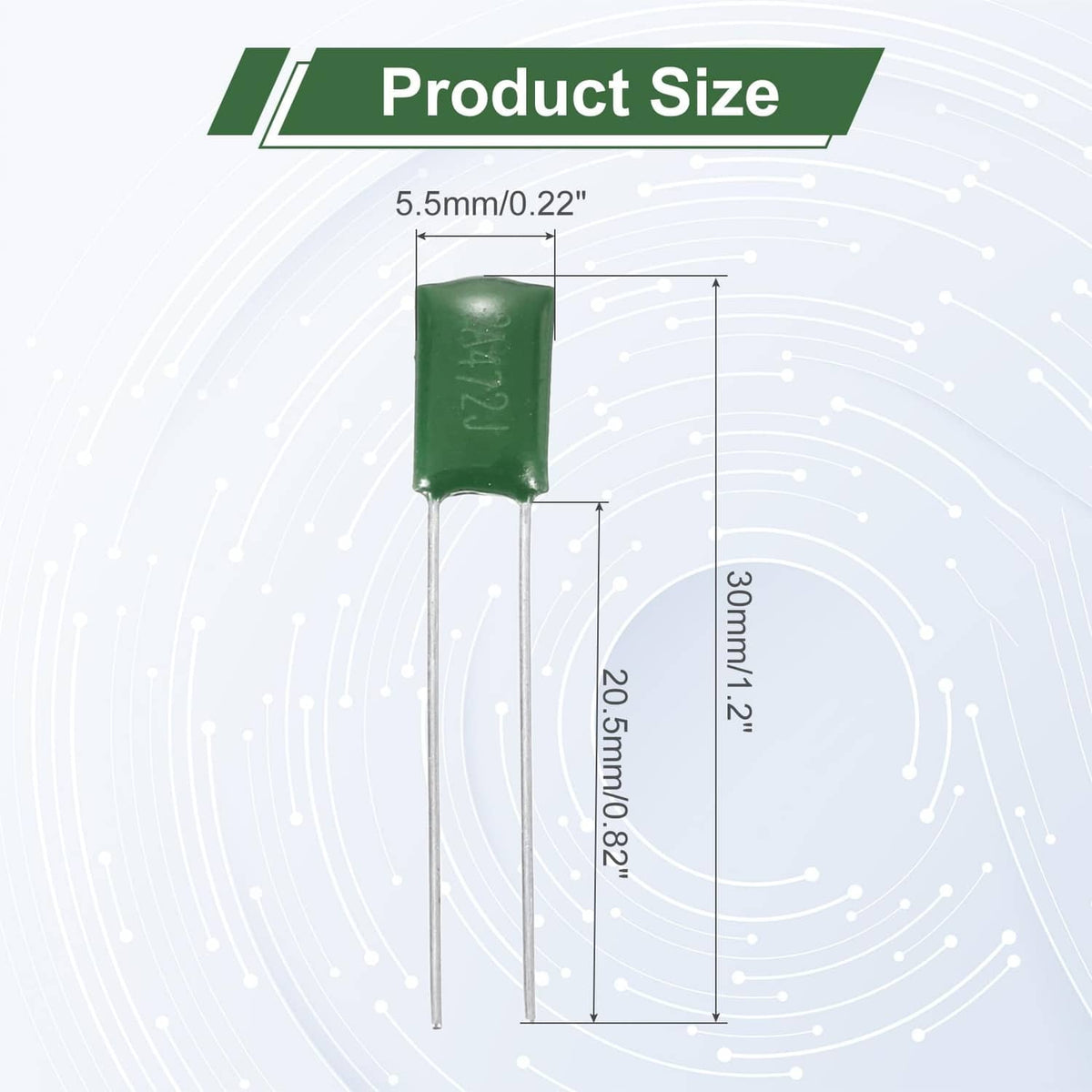 Green film capacitor with silver leads and marked body, size diagram