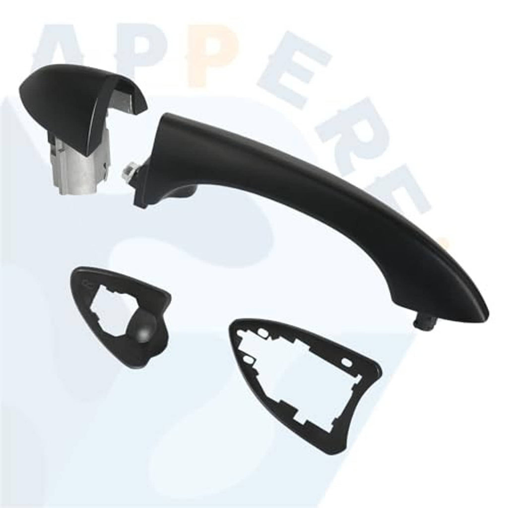 Passenger-side textured black exterior door handle with base and two mounting cover pieces