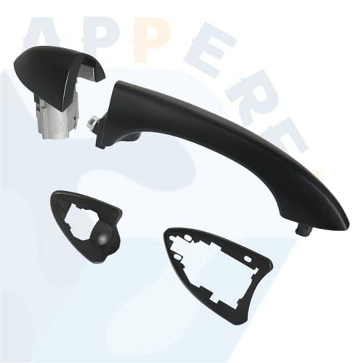 Passenger-side textured black exterior door handle with base and two mounting cover pieces