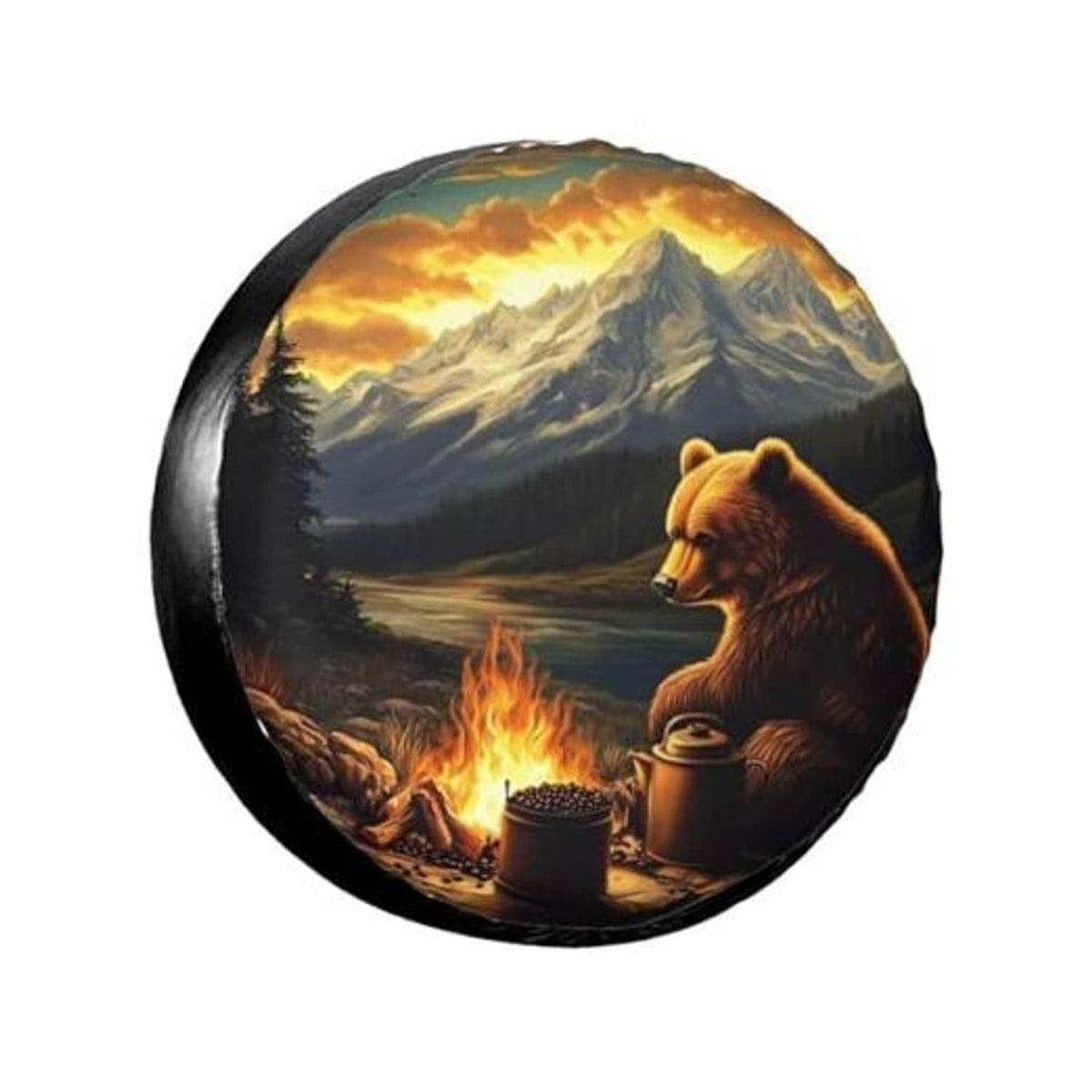 Black spare tire cover with bear, mountains, and campfire scene
