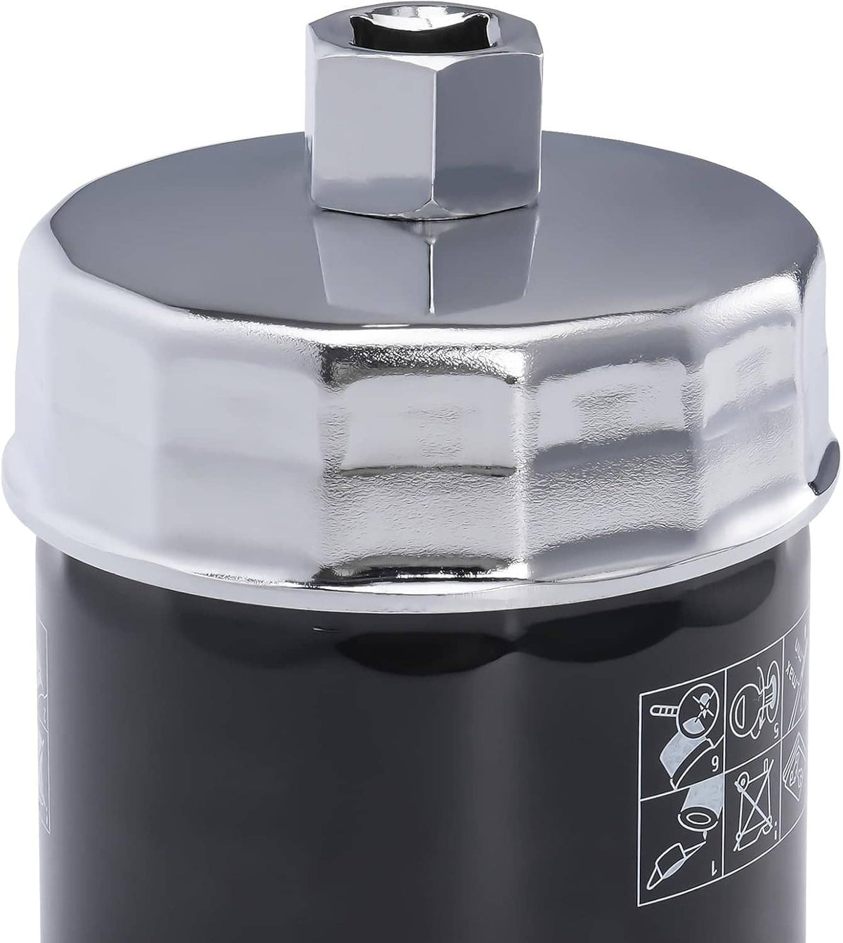 Chrome oil filter cap wrench socket with square drive opening on top