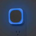 Plug-in night light with square blue glow around the sensor on a wall outlet