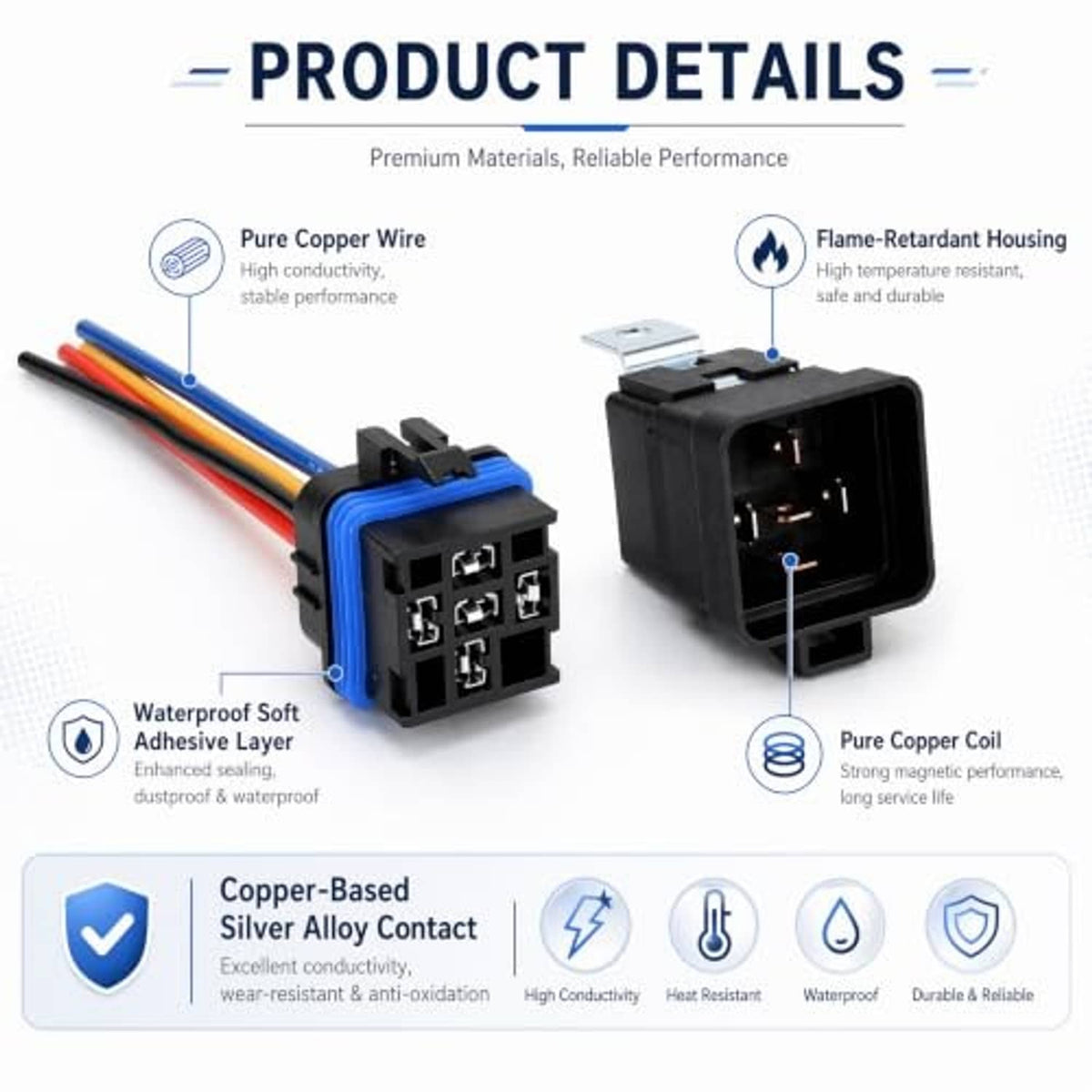 Black 5-pin automotive relay with blue connector cover and visible pin face
