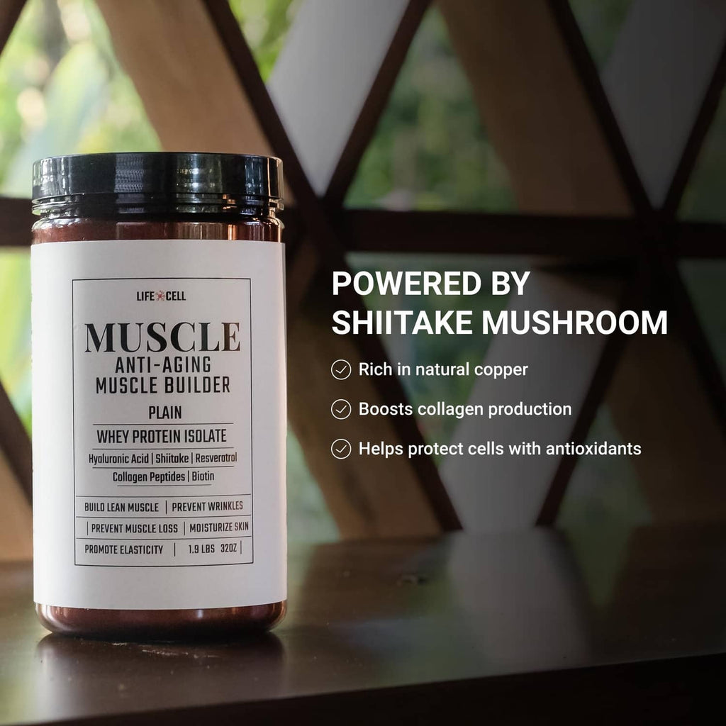 LifeCell whey protein isolate tub with label, powered by shiitake mushroom graphic