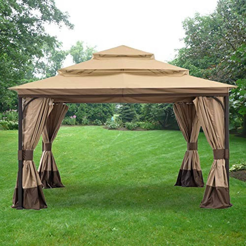 Tan three-tier patio canopy top cover with side curtains in an outdoor setting