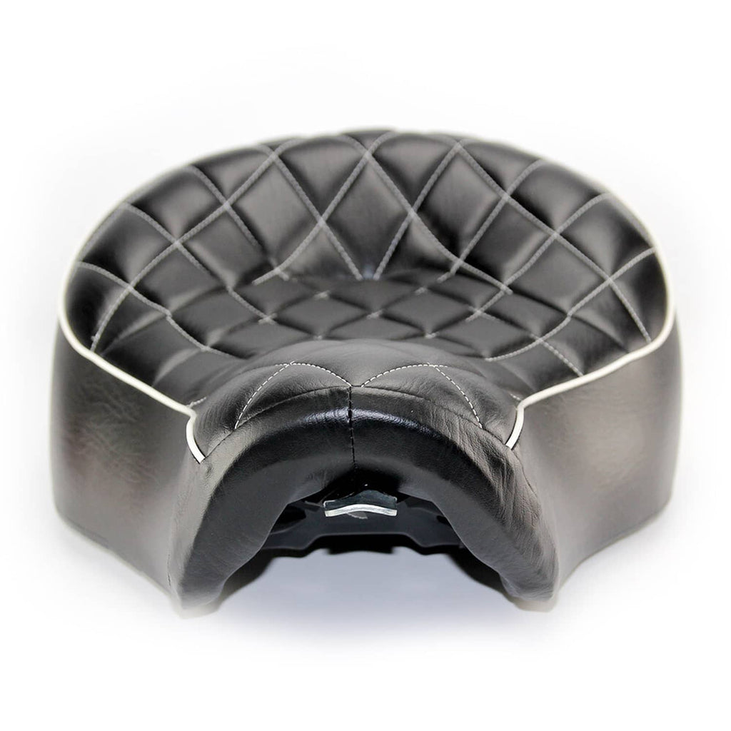 Black two-up motorcycle seat cushion with quilted diamond stitching and stitched edges