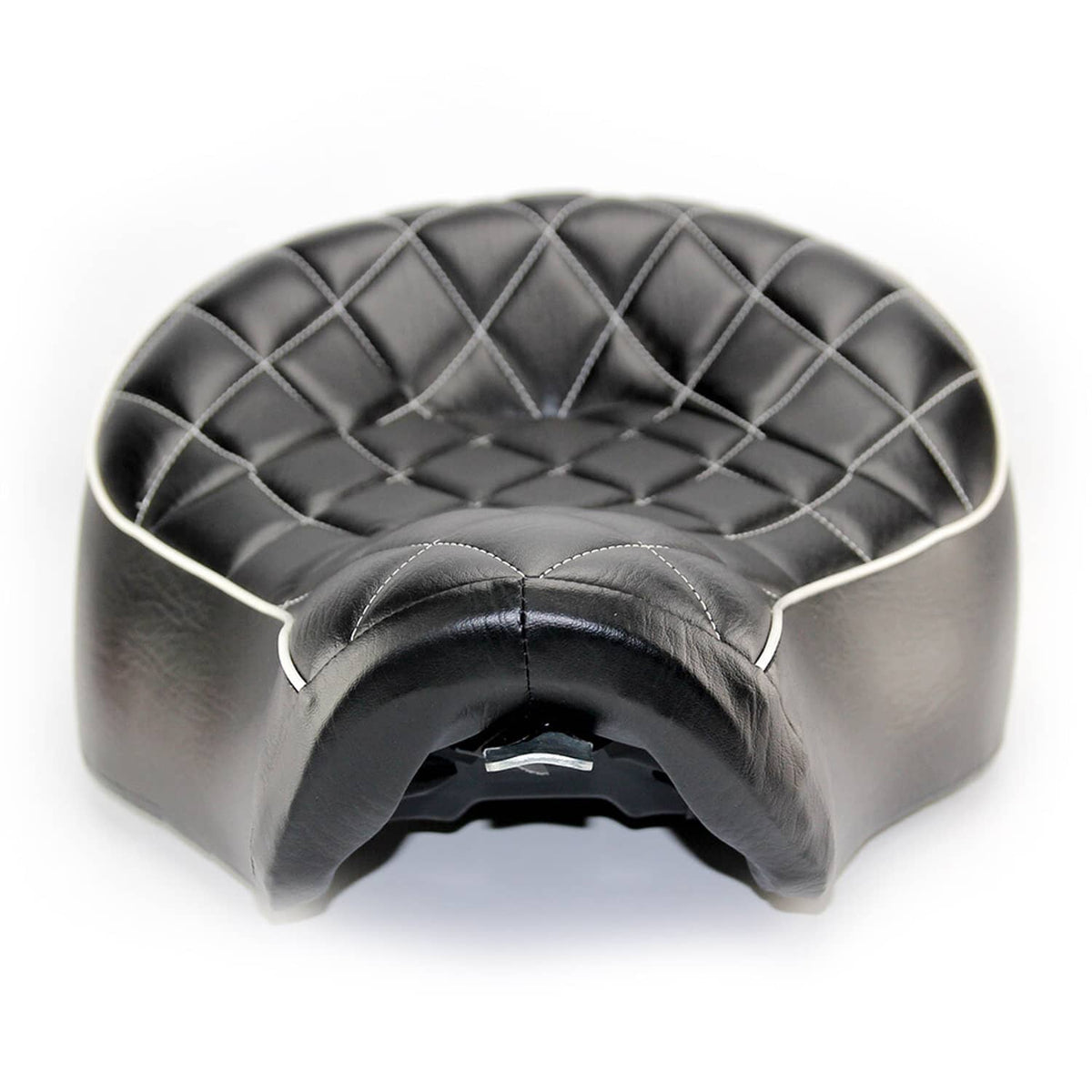 Black two-up motorcycle seat cushion with quilted diamond stitching and stitched edges