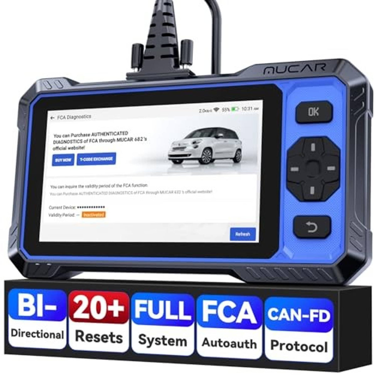OBD2 diagnostic scanner with touchscreen showing car info and side OK button