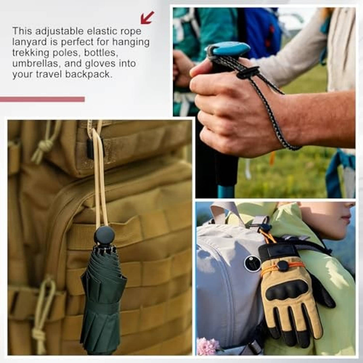 Black elastic rope holder with rounded end cap and loop for backpack use