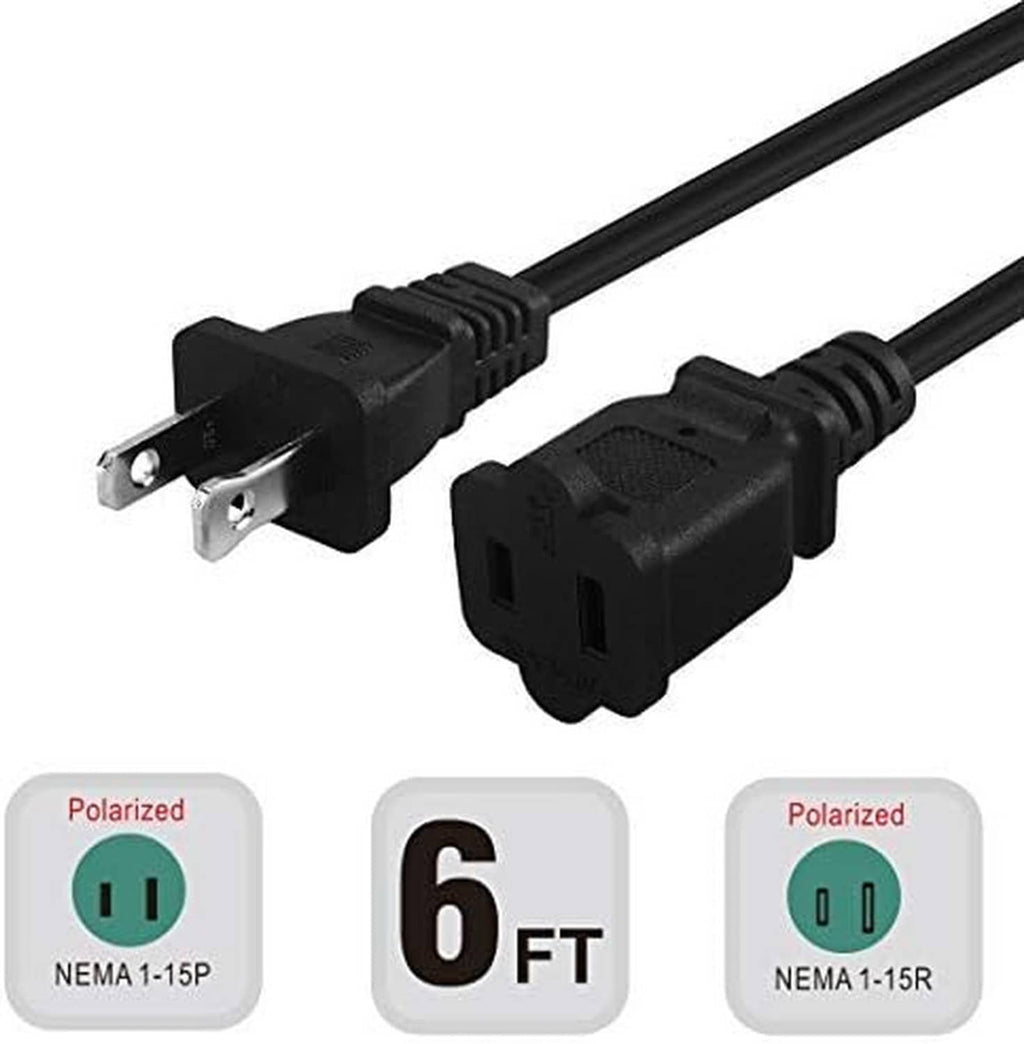 Black polarized extension power cord showing 2-prong male and female connectors