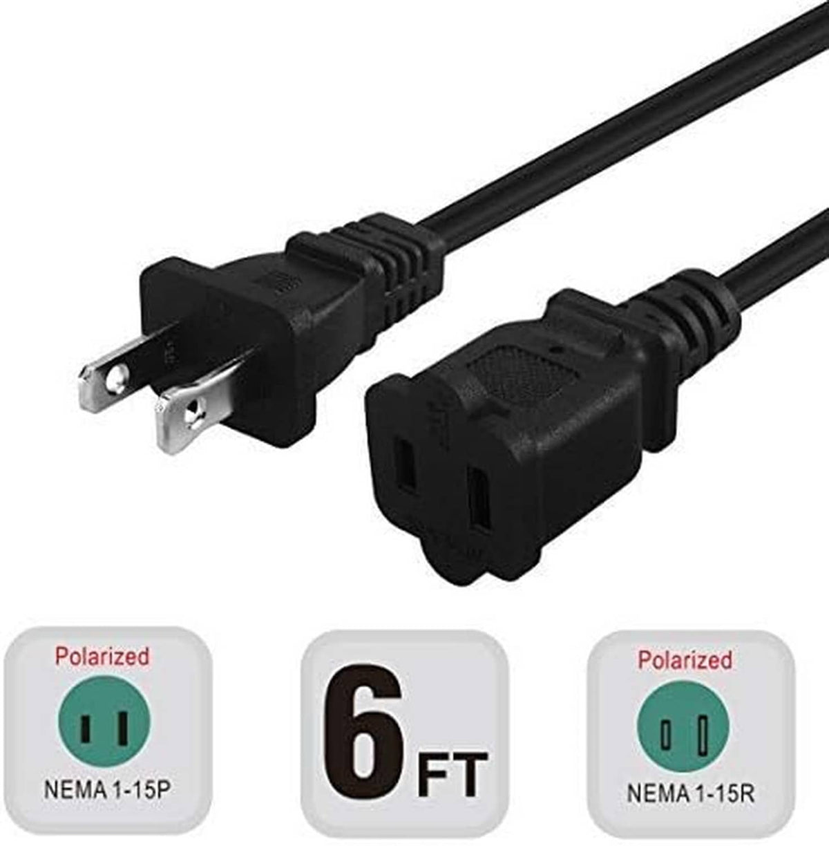 Black polarized extension power cord showing 2-prong male and female connectors