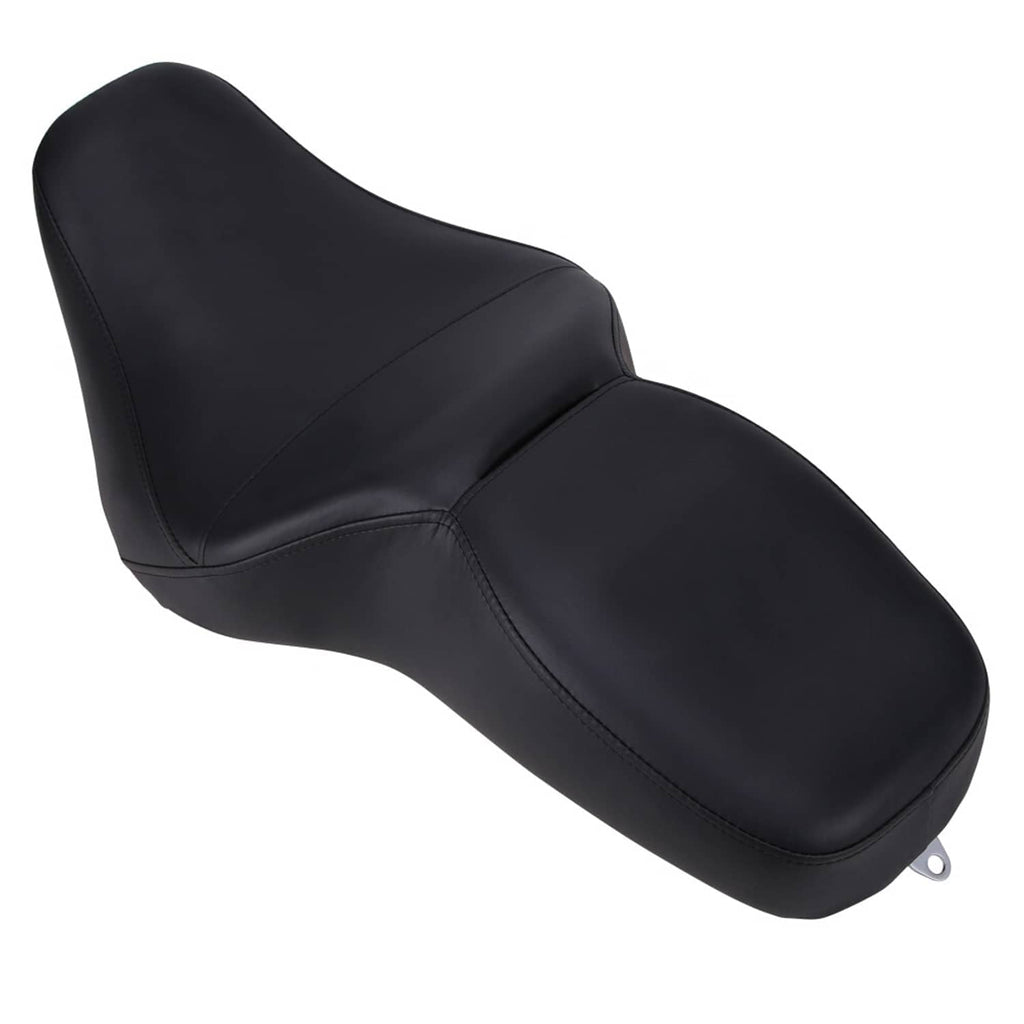 Black motorcycle seat with curved side panels and stitched seam detail