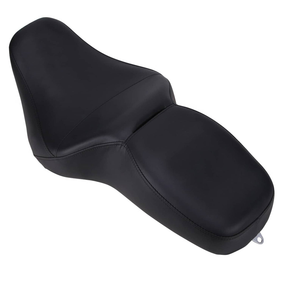 Black motorcycle seat with curved side panels and stitched seam detail