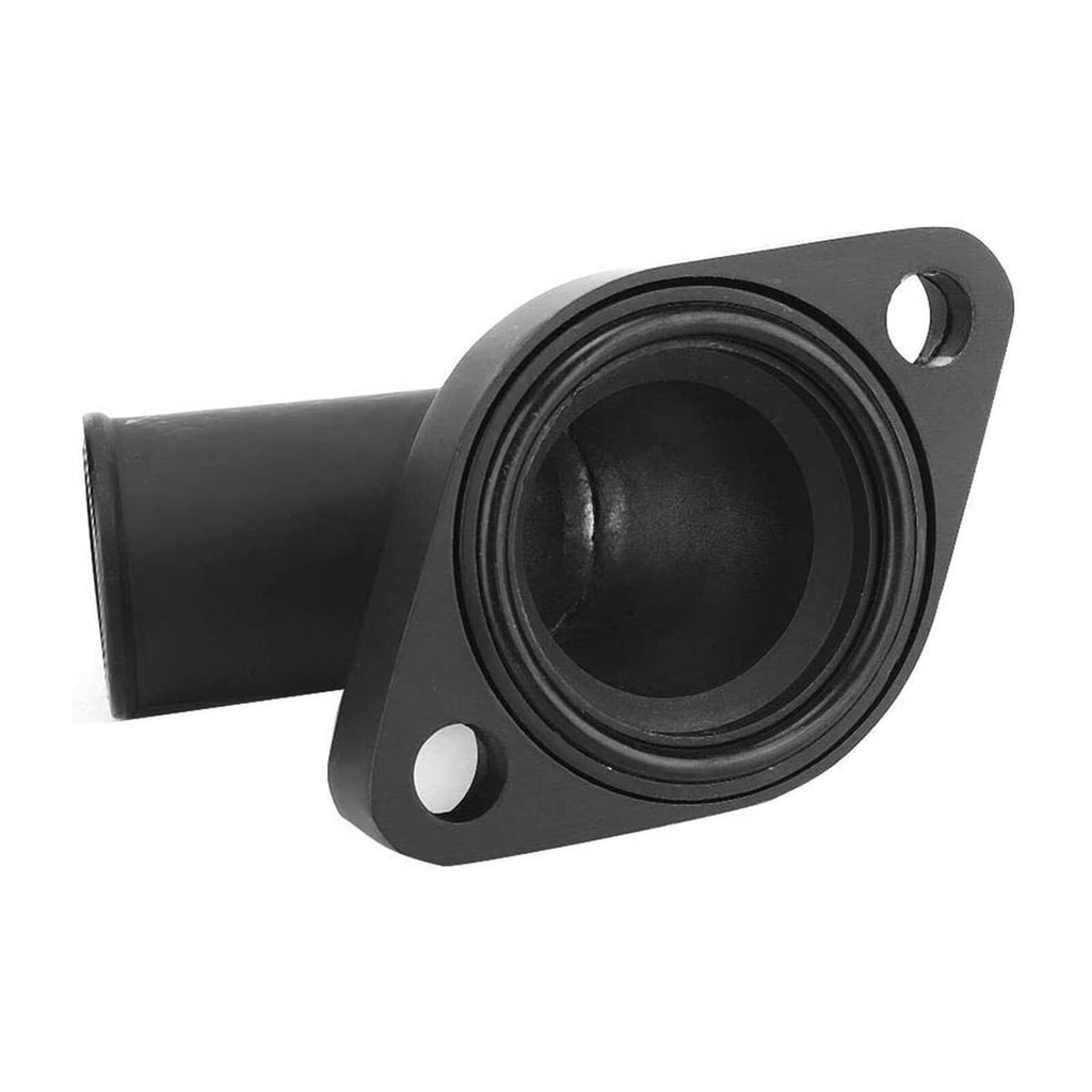 Black thermostat neck housing with circular inlet flange and mounting holes