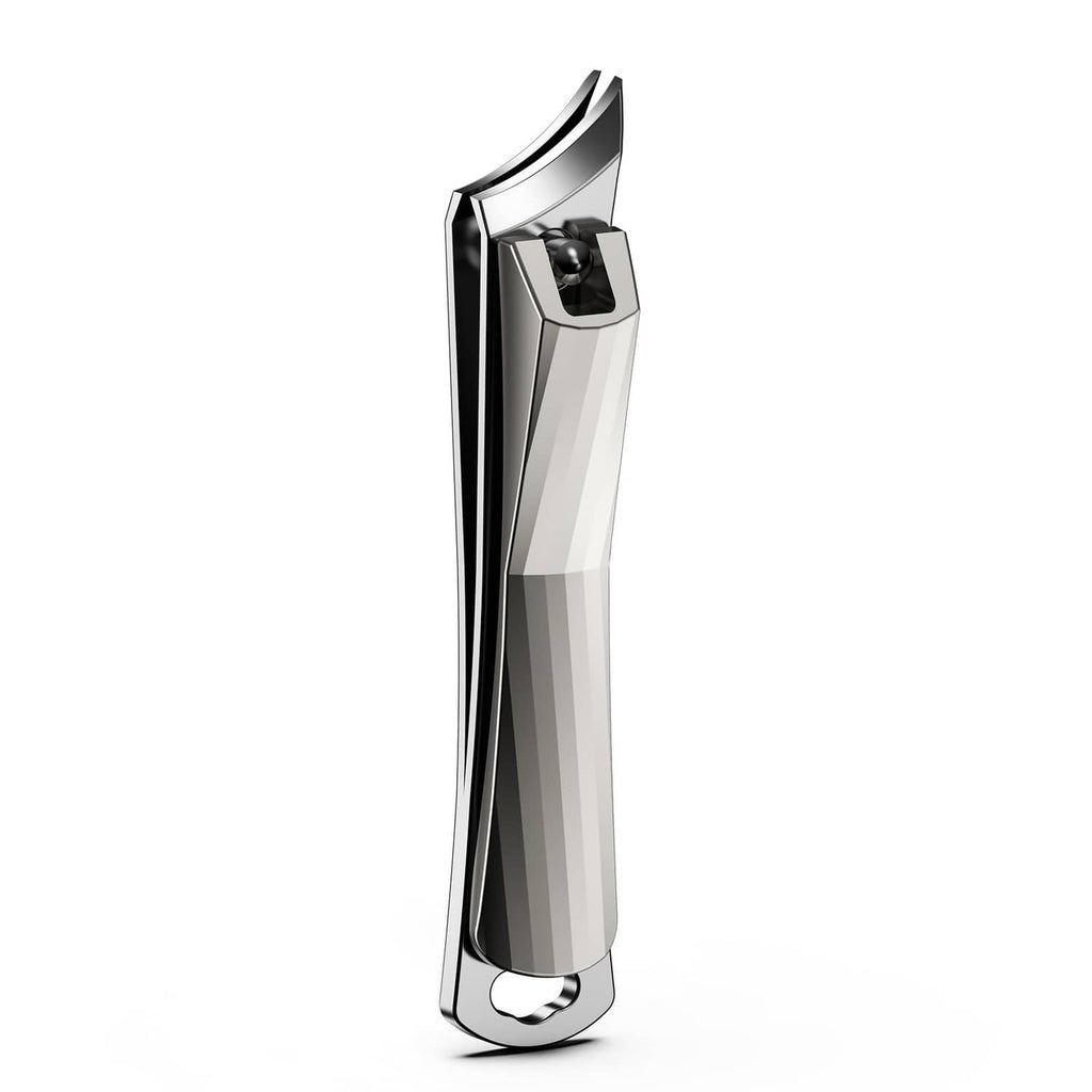 Angled ingrown toenail clipper, shiny metal body, side view.