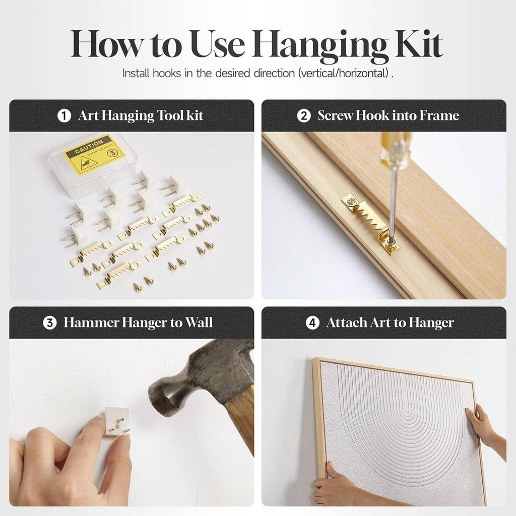 Picture frame hanging kit diagram showing hooks, hammering, and mounting steps
