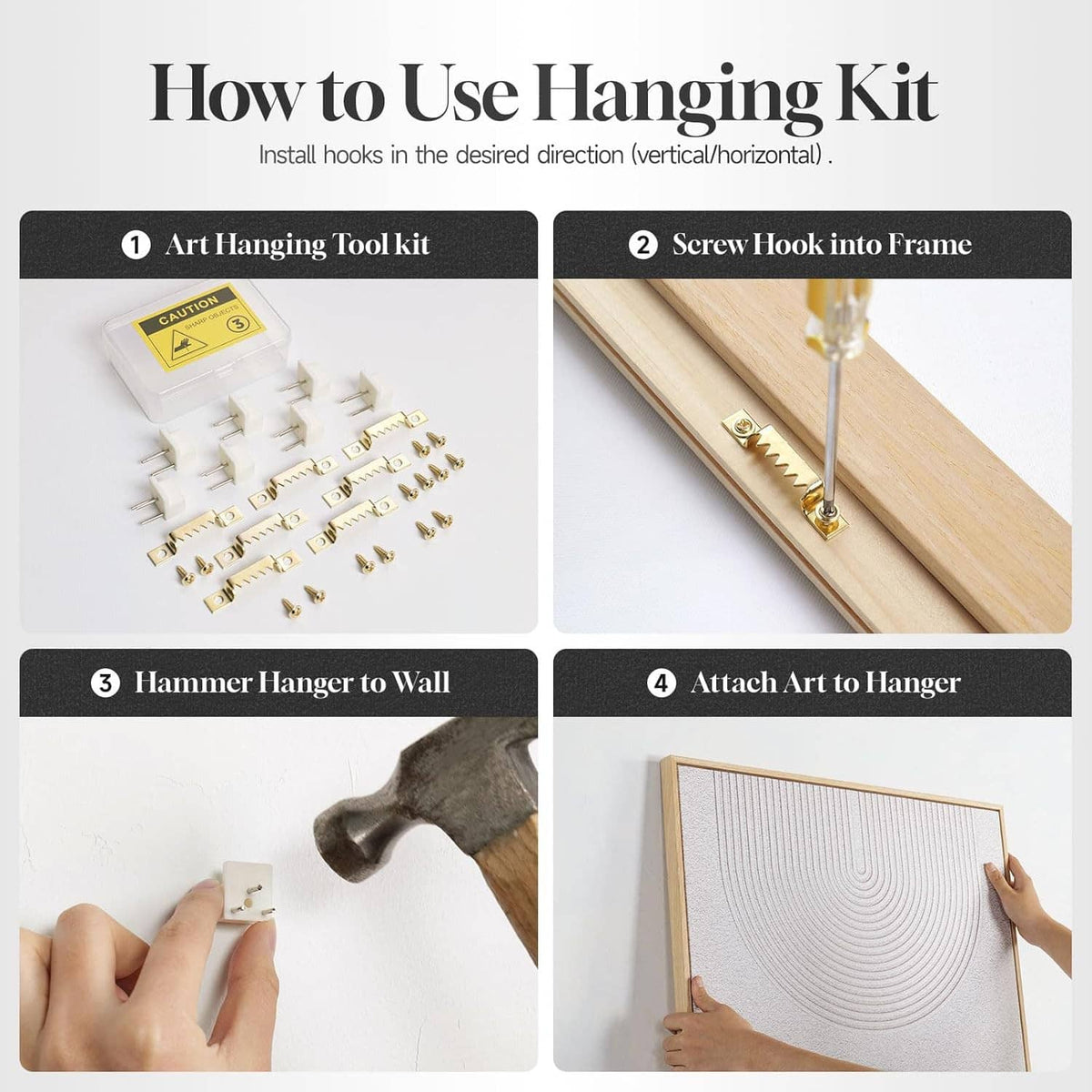 Picture frame hanging kit diagram showing hooks, hammering, and mounting steps