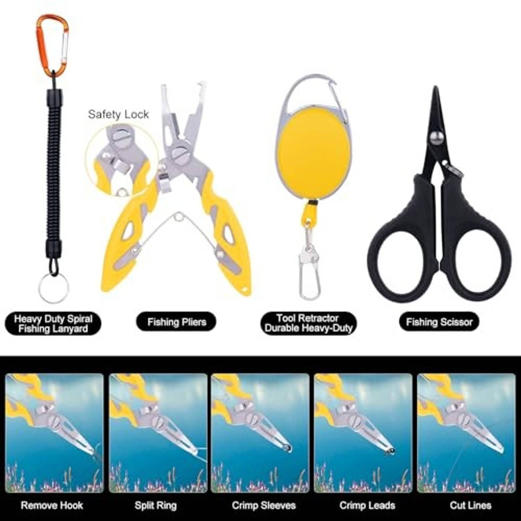 Fishing pliers, retracting tool, and line-cutting scissor tool with safety lock