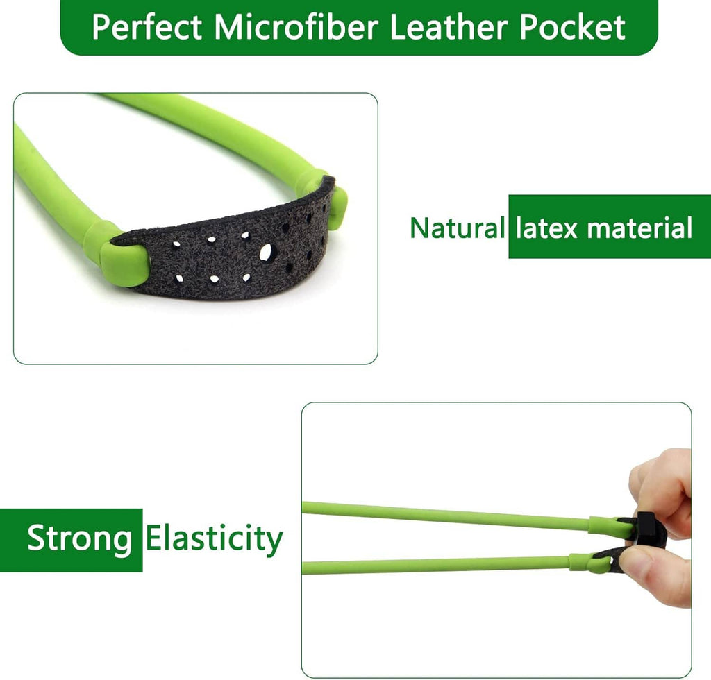 Neon green slingshot bands with black microfibre leather pocket connector and elastic tie
