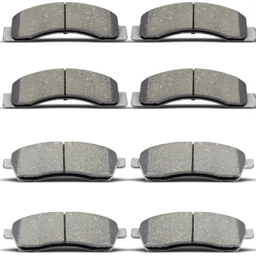 Ceramic brake pads set, six gray pads with black backing and metal mounting tabs
