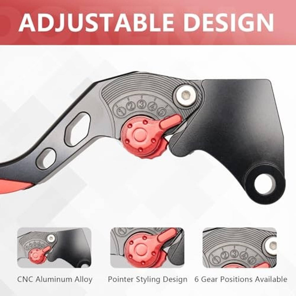 Adjustable motorcycle brake lever with black body, red knurled adjuster, and round pivot bolt