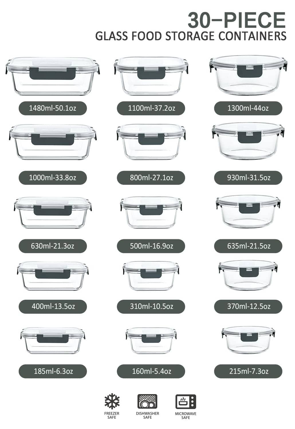 30-piece glass food storage container set with gray snap lids in assorted sizes