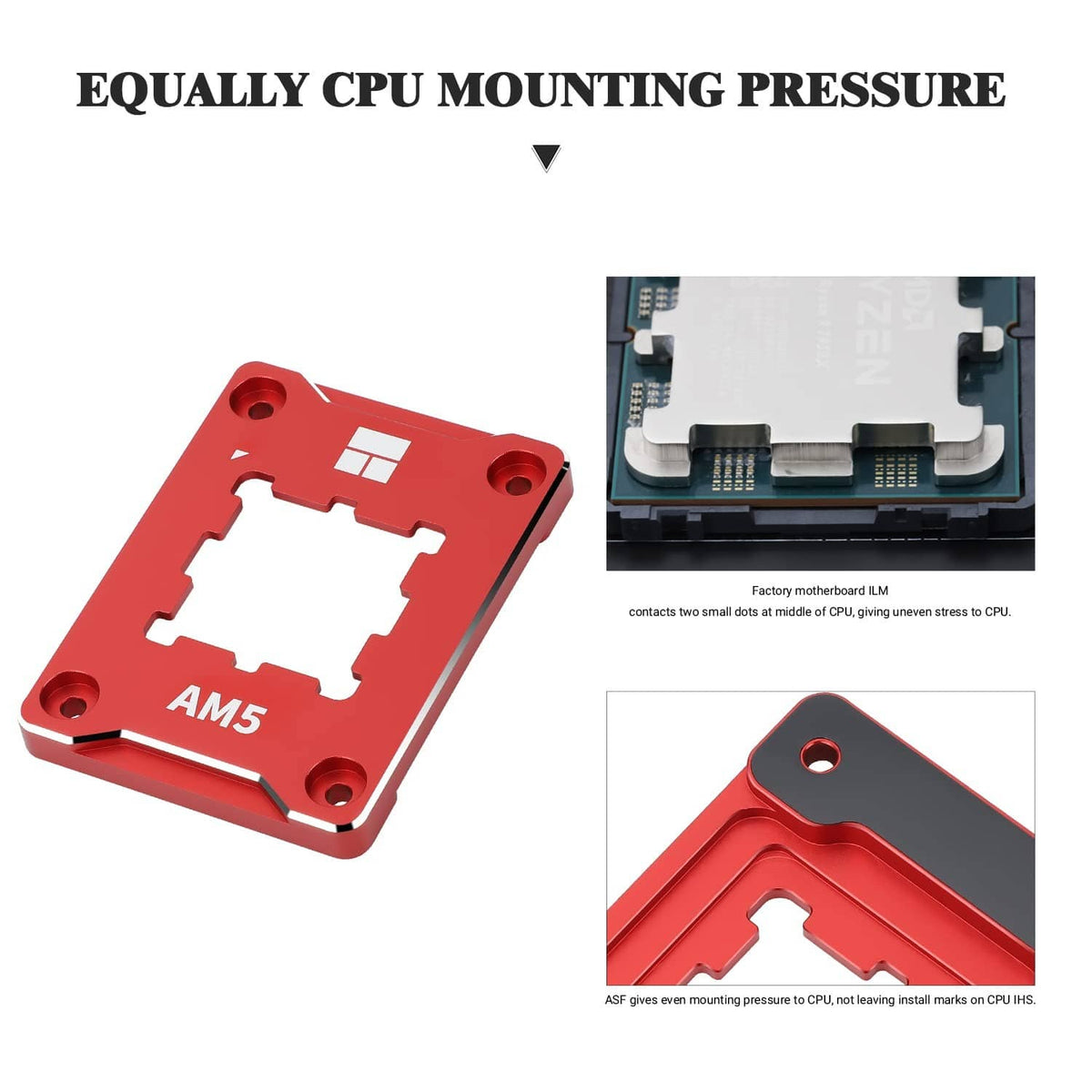 Red AM5 CPU mounting frame with corner holes and central cutout, AM5 marked
