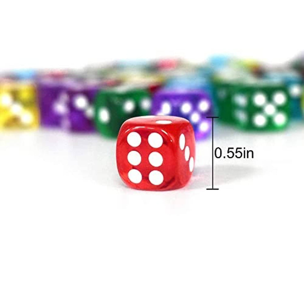 Red translucent six-sided die with white pips, close-up with size marked 0.55in