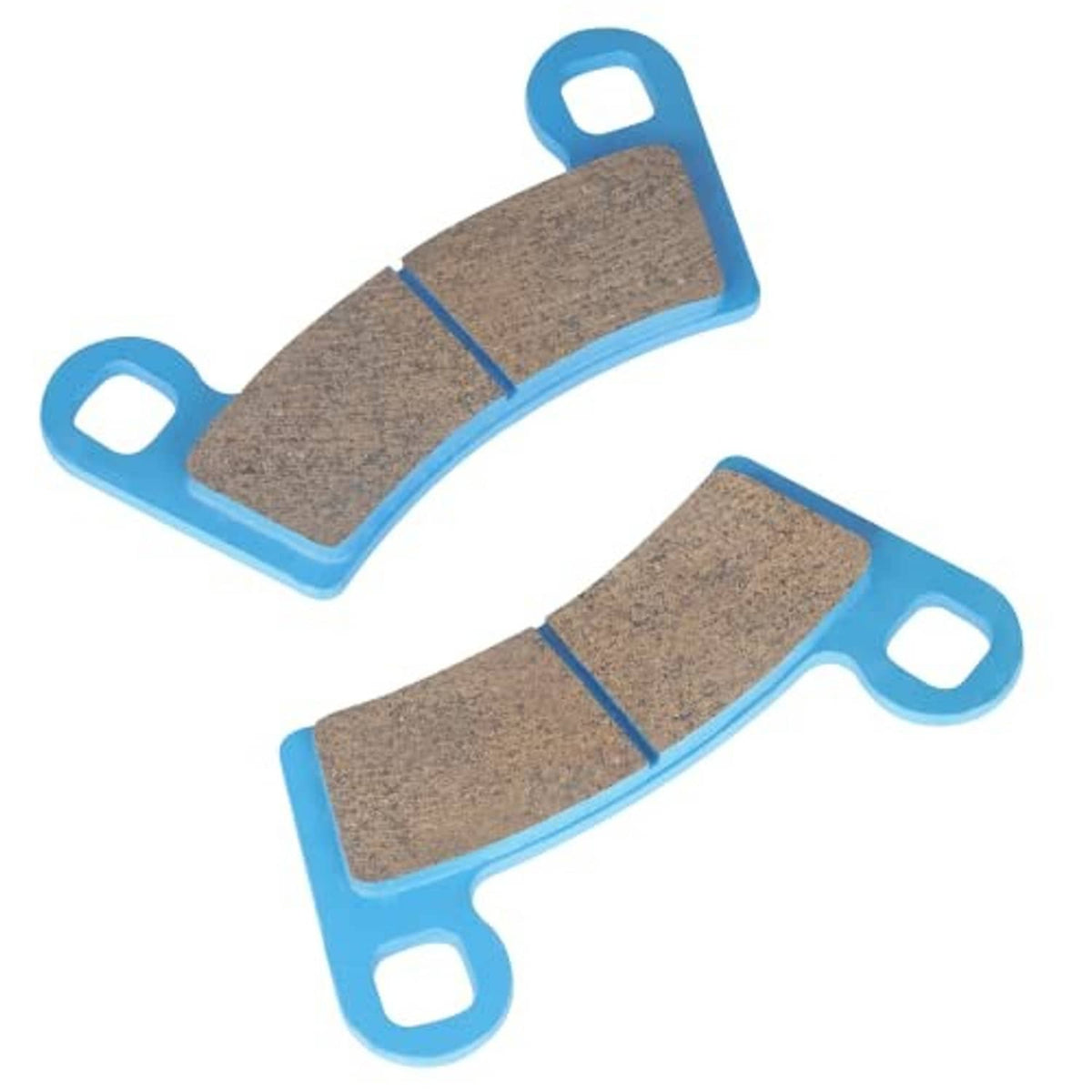 Pair of ceramic brake pads with blue backing and brown curved friction surfaces