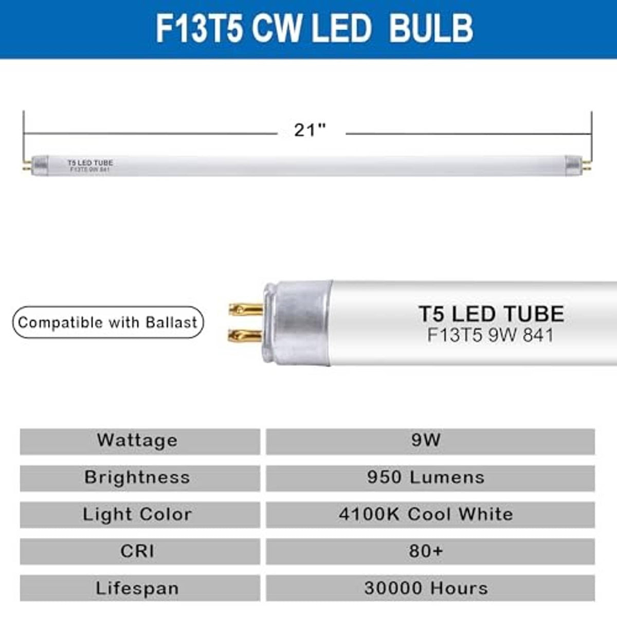 21 in T5 LED tube with gold pin base, frosted white tube, cool white light