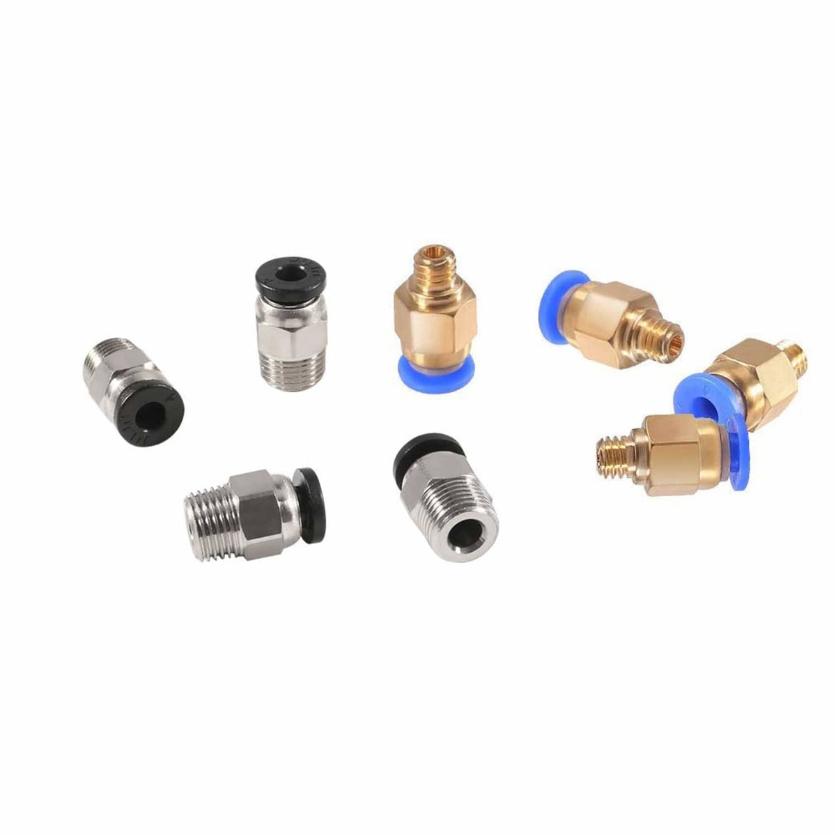 Assorted PC4 pneumatic fittings in brass and chrome with blue tube end inserts