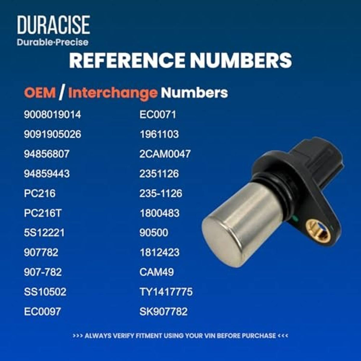 Camshaft position sensor with gold terminal and black connector, silver cylindrical body