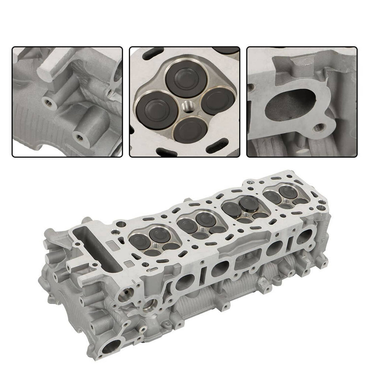 Cylinder head close-up with combustion chambers, circular ports, and metal mounting features