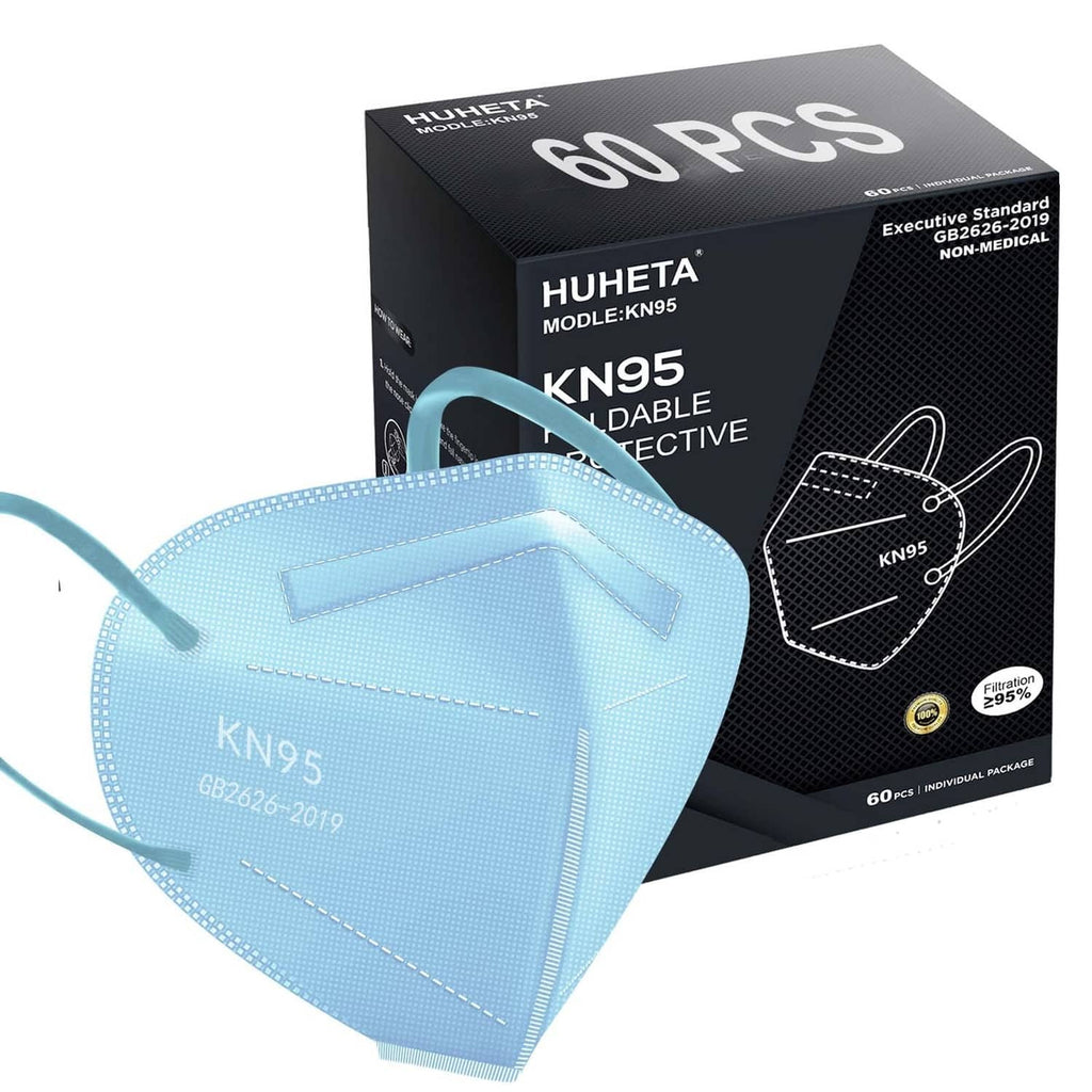 Light blue KN95 disposable face mask, 5-ply, in 60-count box