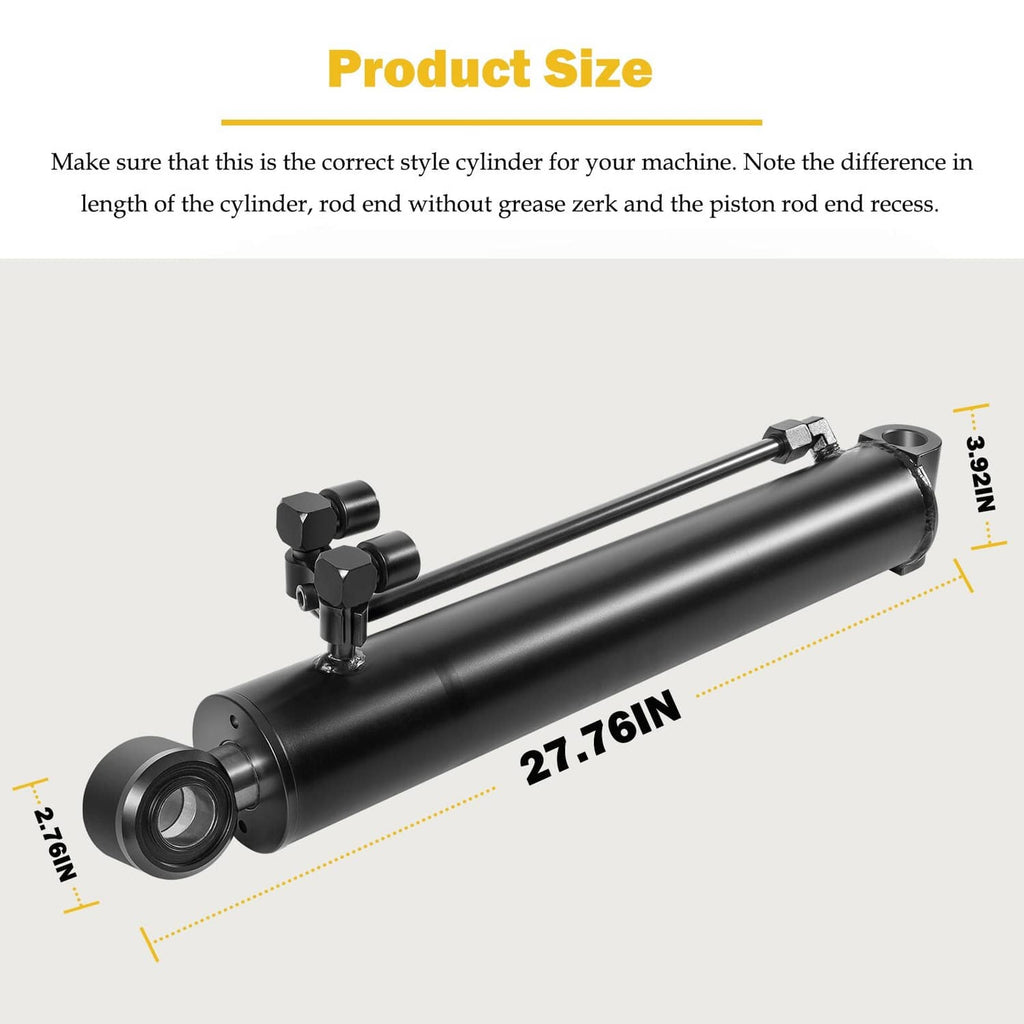 Hydraulic bucket tilt cylinder, black body with rod and clevis mount, side view