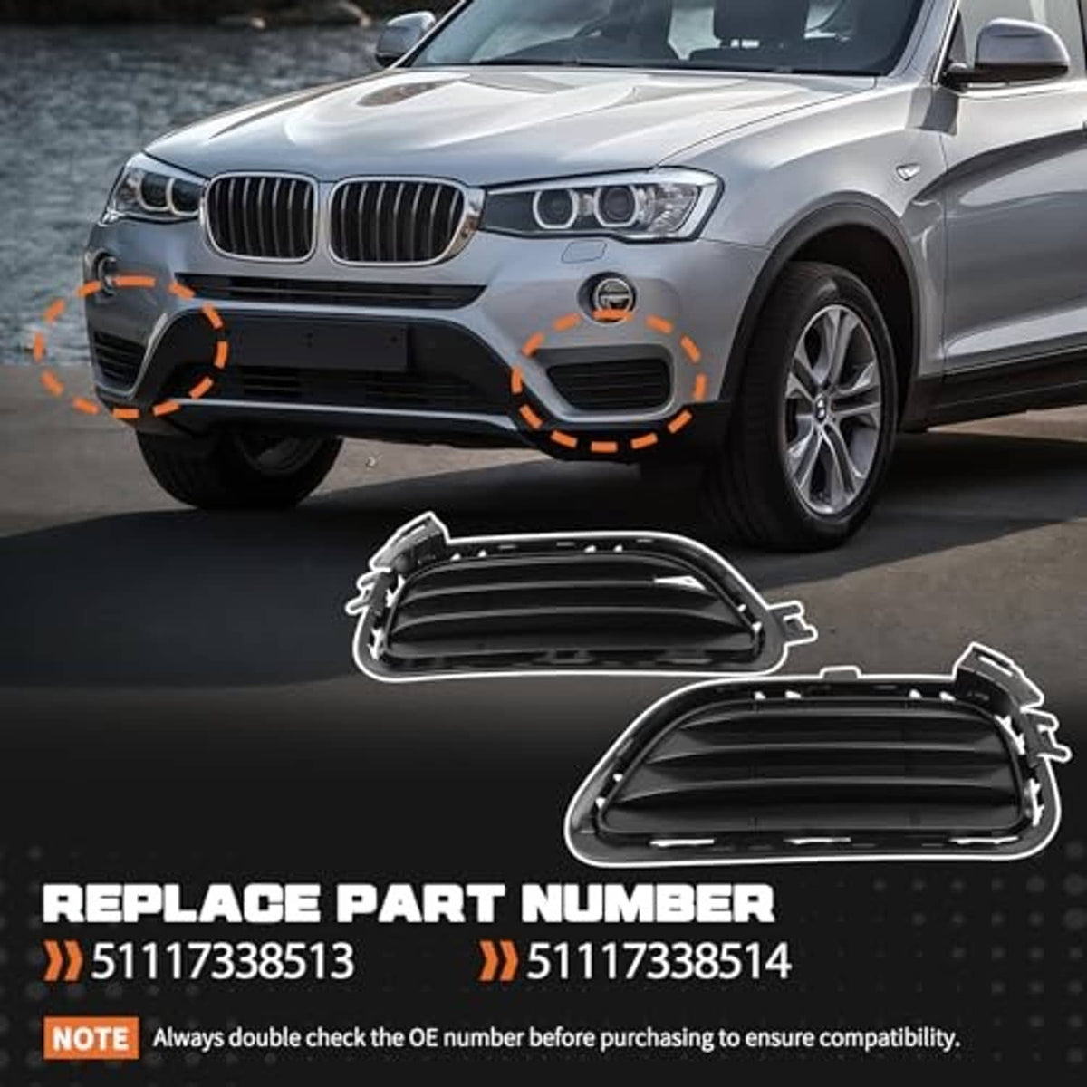 Black front bumper lower fog light grille set, shown in front of a vehicle