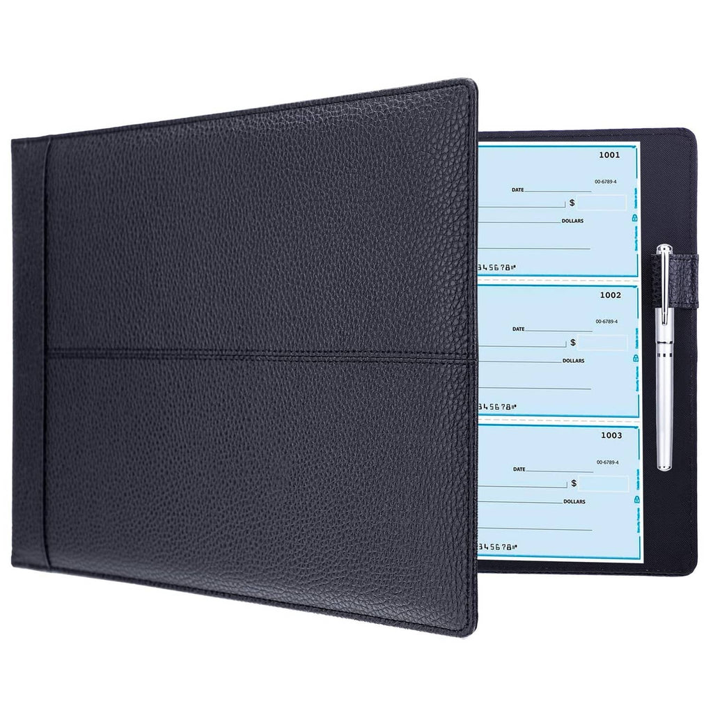 Black checkbook binder with clear check inserts and ring binder interior