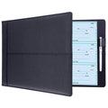 Black checkbook binder with clear check inserts and ring binder interior