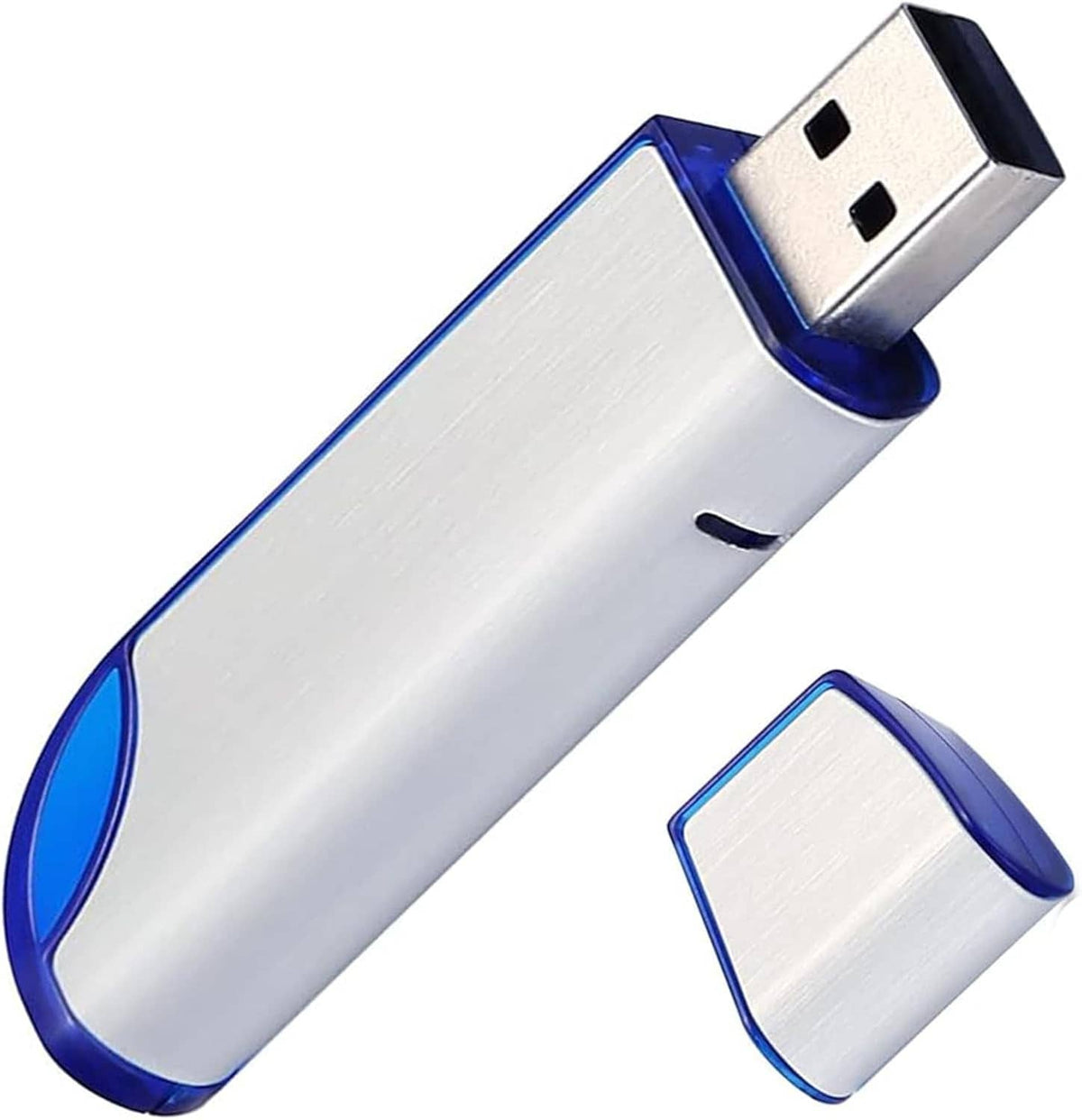Silver and blue USB 2.0 flash drive with exposed USB connector plug