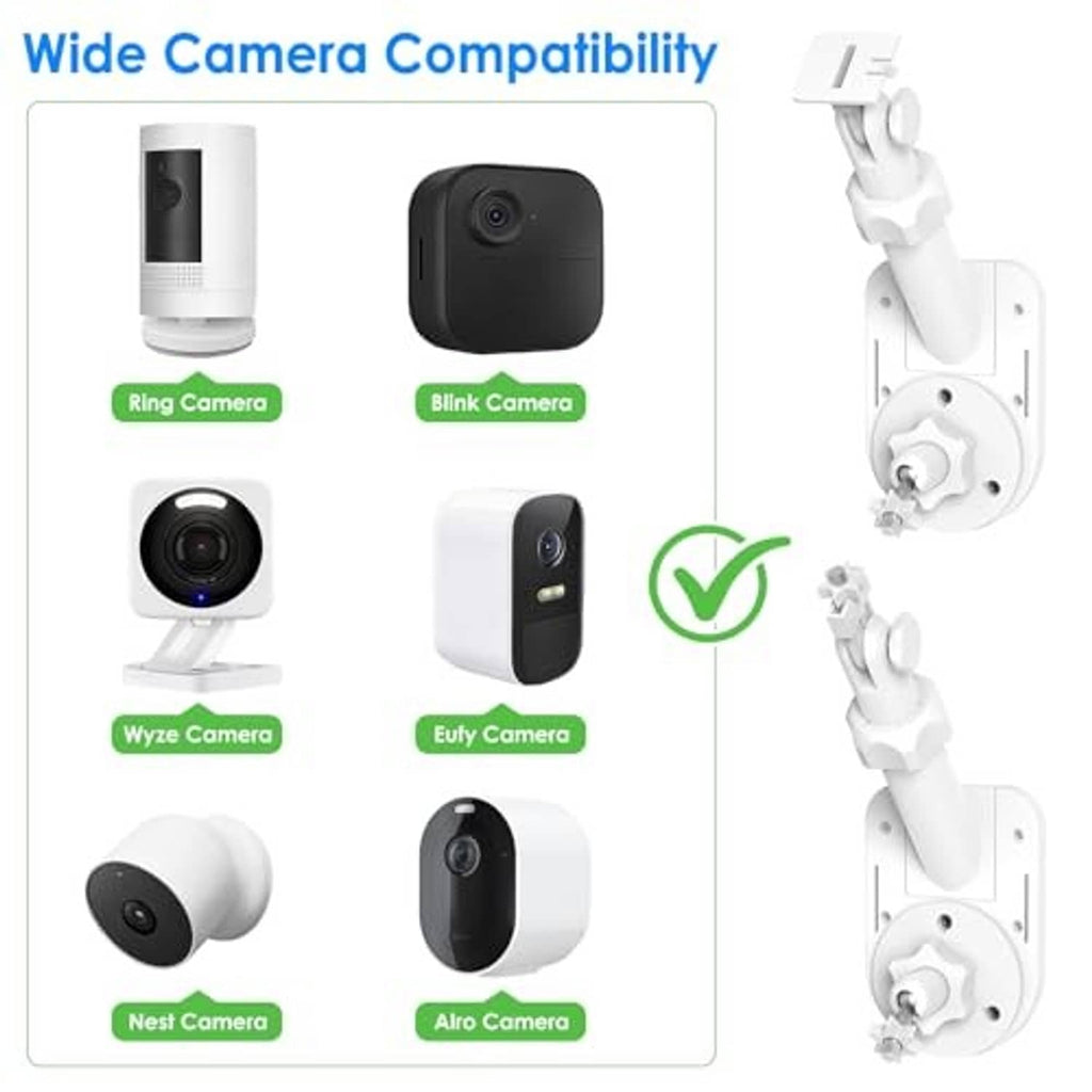 White wall mount bracket with camera compatibility diagram and mount options
